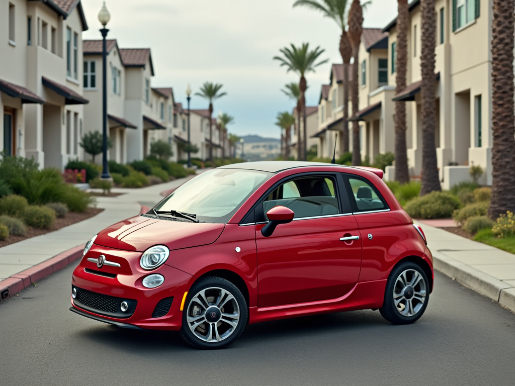 Red Fiat 500 parked in a residential neighborhood in California.