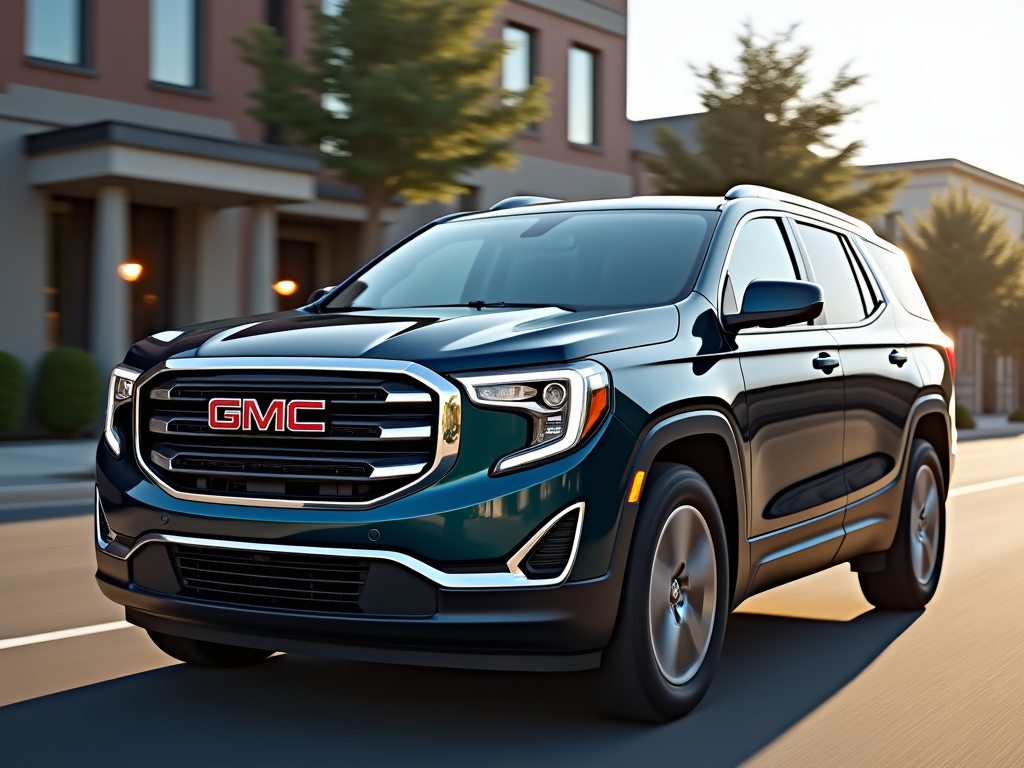 A sleek black GMC SUV driving through a suburban neighborhood, capturing the vehicle's stylish design and smooth performance.