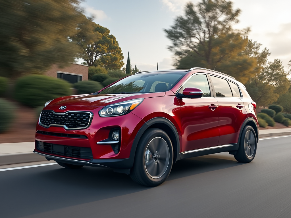 Red KIA SUV driving on a California road, surrounded by greenery and modern buildings in the background.