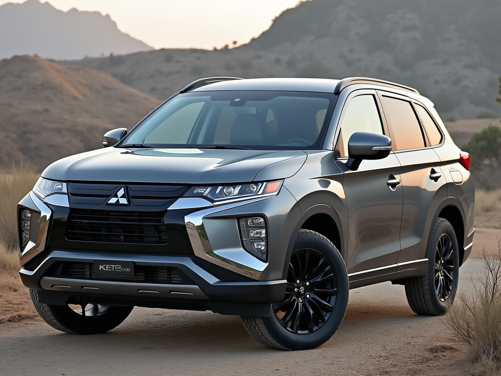 Gray Mitsubishi SUV parked on a dirt road with mountains in the background during sunset in California.