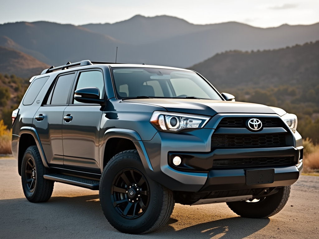 Black Toyota 4Runner parked outdoors with mountains in the background.