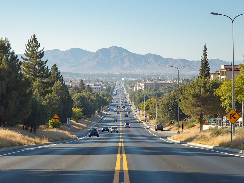 A wide view of a road leading into Glendale, California, with mountains in the background and trees lining the street.
