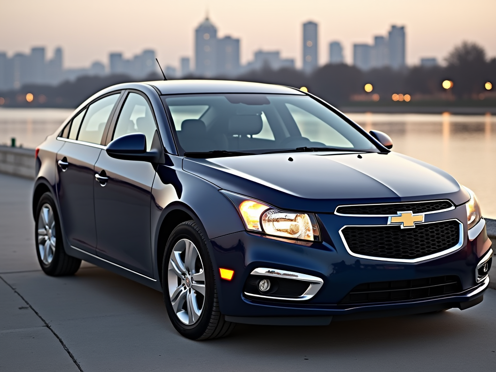 A sleek blue Chevrolet Cruze parked near a waterfront at sunset with a city skyline in the background.