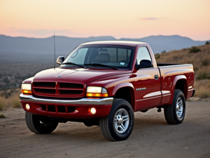 A red Dodge Dakota truck parked on a dirt road with mountains in the background at sunset.