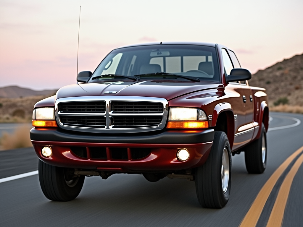 Front view of a red Dodge Dakota driving on a scenic road during sunset.