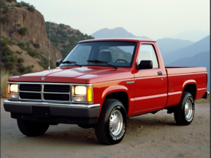 Red Dodge Dakota pickup truck parked on a scenic mountain road in California.