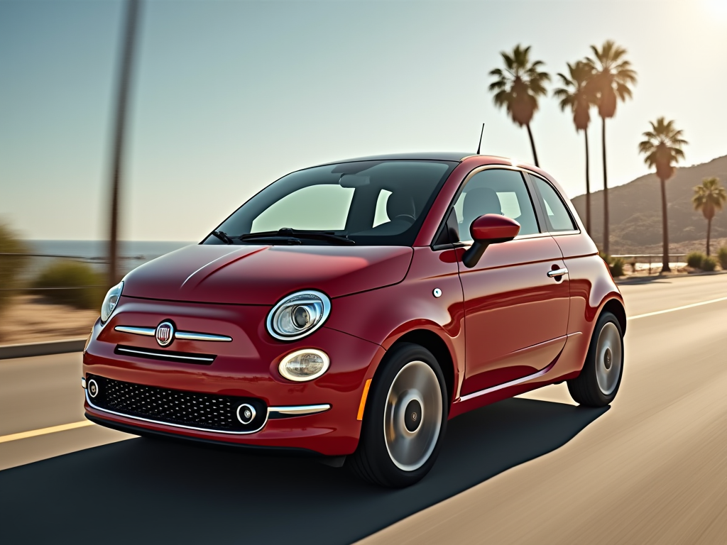 Red Fiat 500 driving along a coastal highway in California with palm trees in the background.