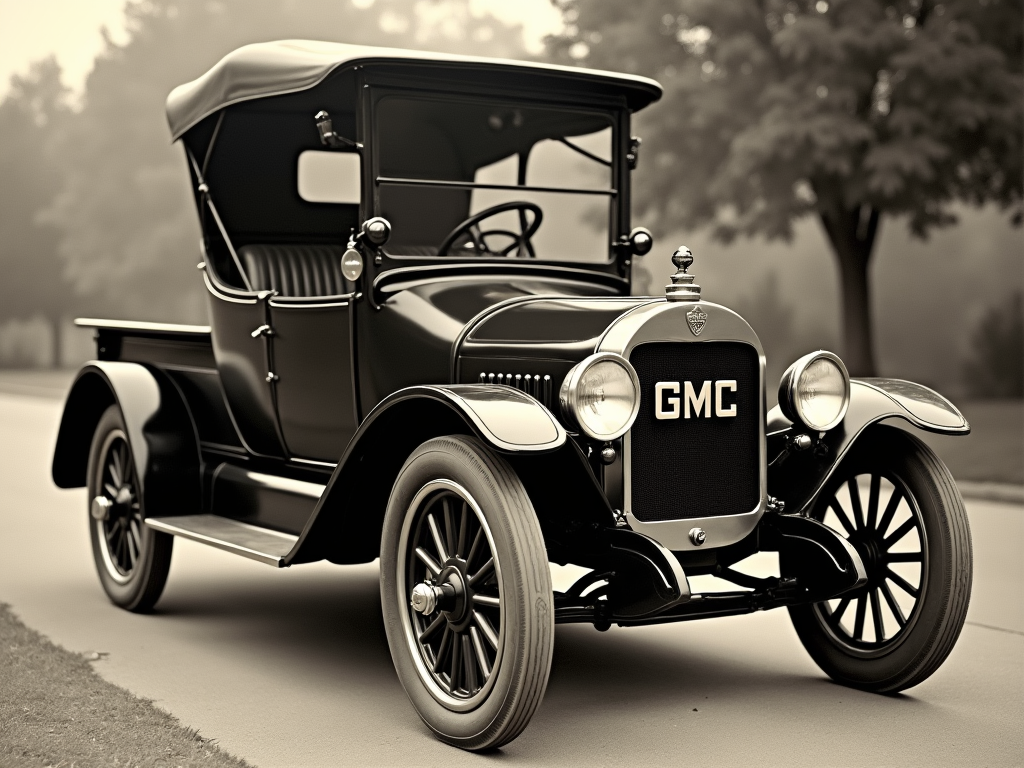 A vintage black GMC truck from the early 20th century, showcasing the brand's rich automotive history and evolution.