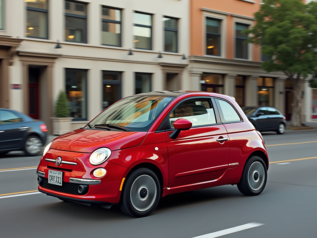 Red Fiat 500 driving on a city street in California.