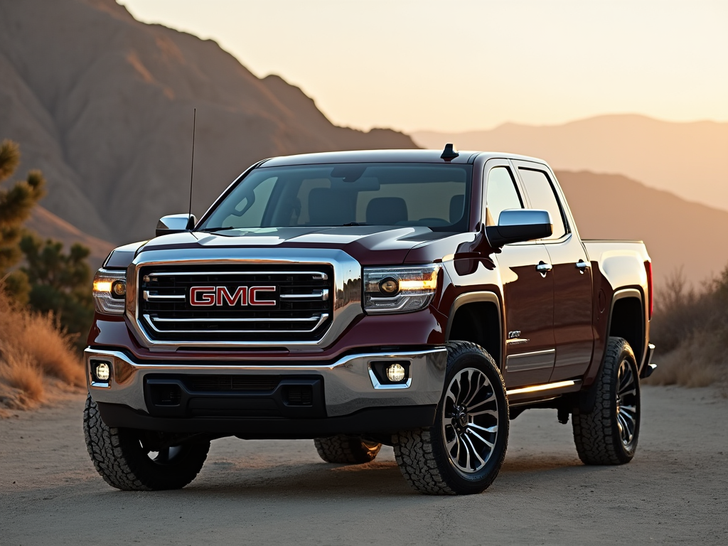 Front view of a red GMC truck parked in a California desert at sunset, highlighting the vehicle's sleek design and rugged build.