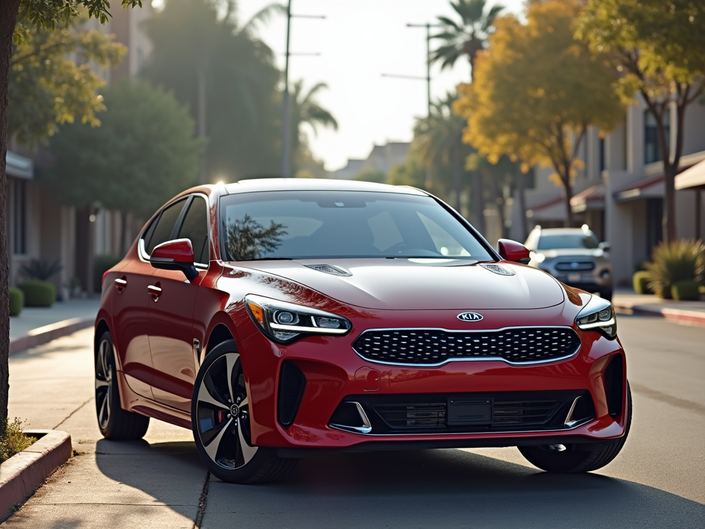 Red KIA sedan parked on a sunny California street with palm trees and residential buildings in the background.