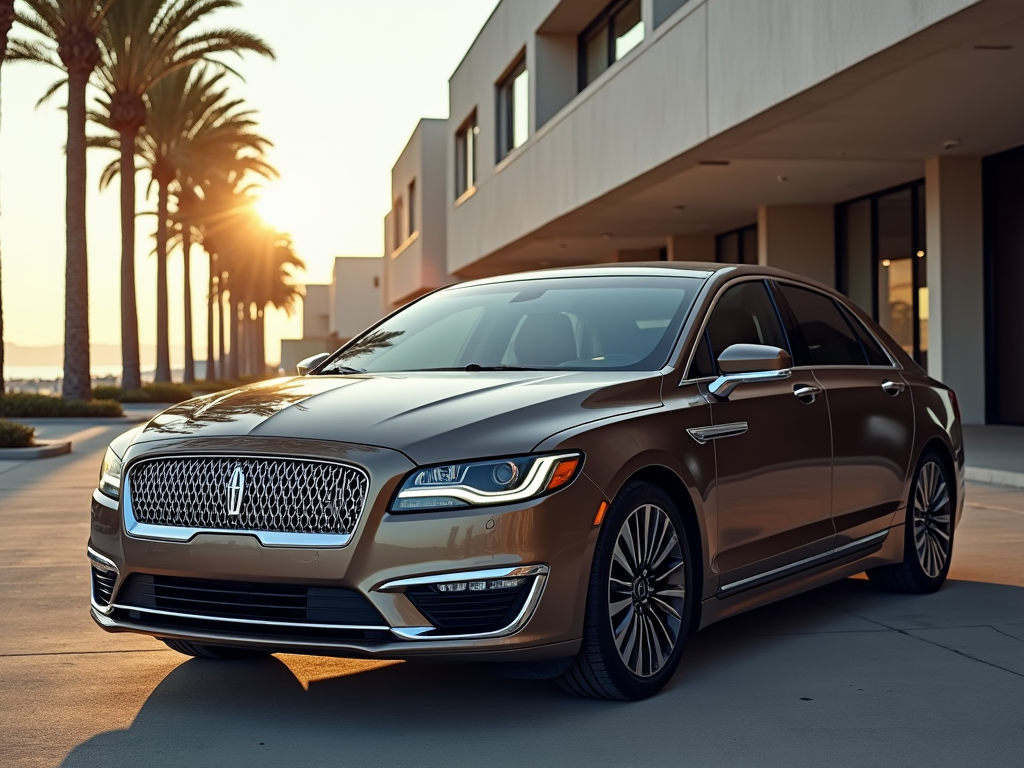 A luxury Lincoln sedan parked under palm trees at sunset, showcasing its elegant design and metallic finish.