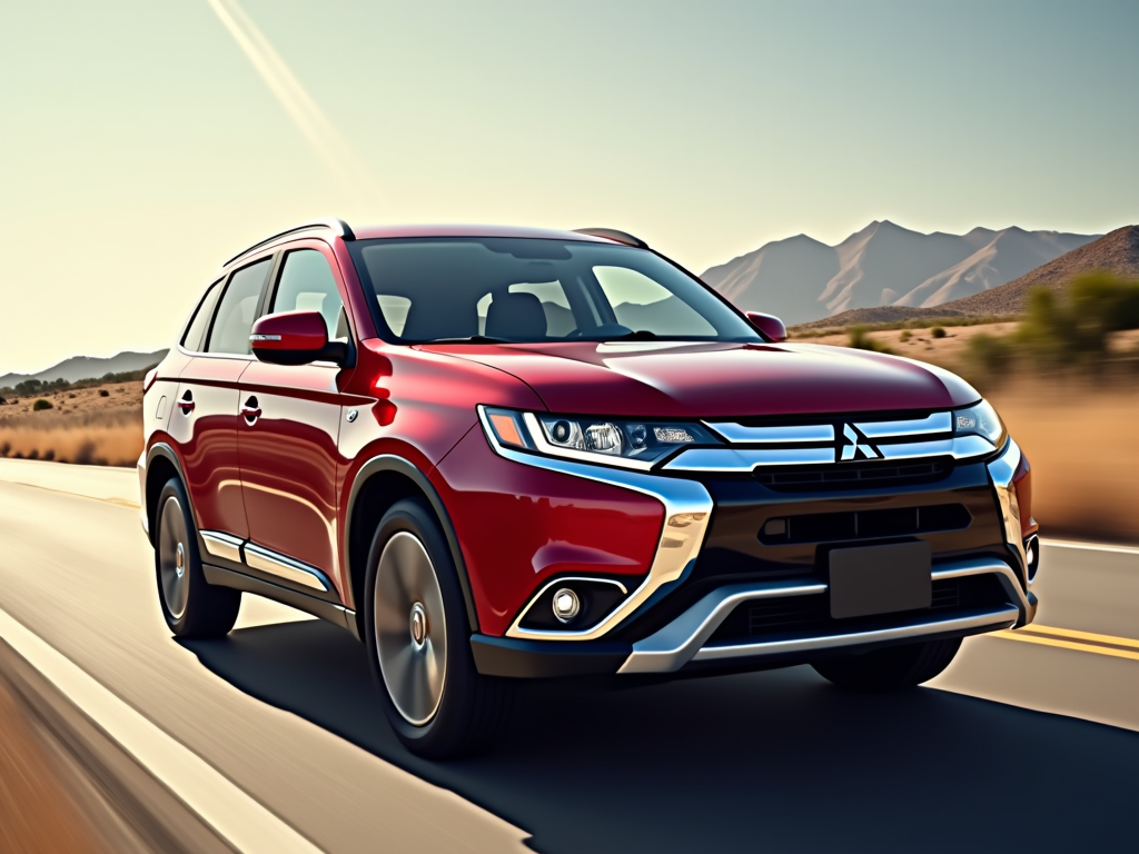 Red Mitsubishi SUV driving on an open road with desert mountains in the background under a clear sky in California.