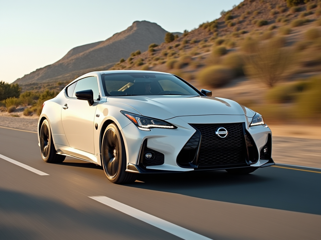 White Nissan sports car driving through a desert highway in California, with mountains in the background.