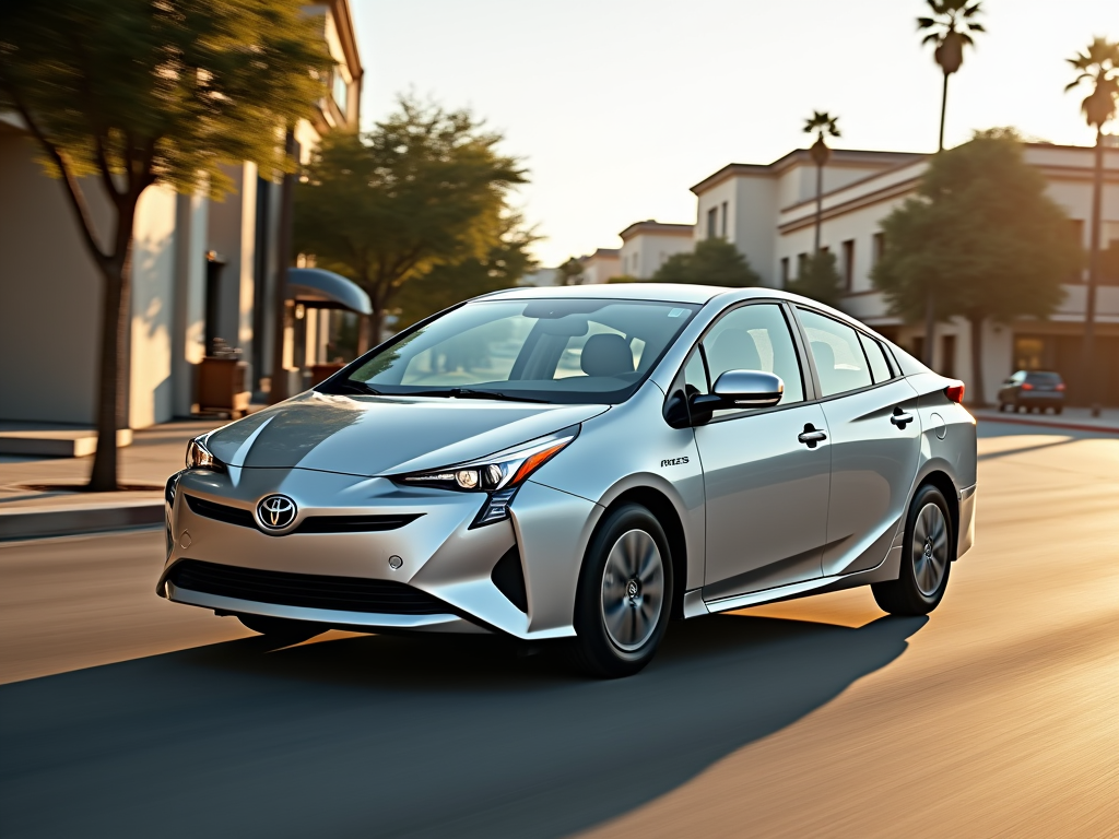 Silver 2020 Toyota Prius driving through a sunny California street with palm trees and modern buildings in the background.