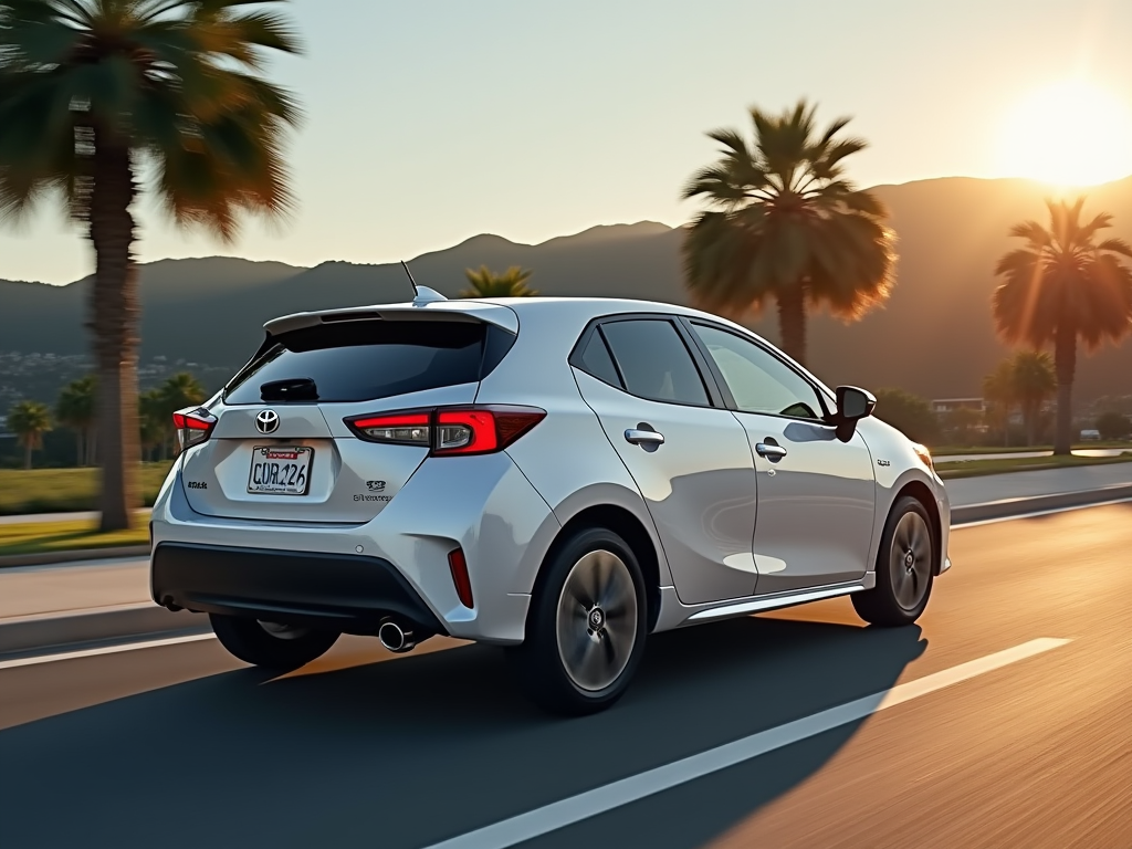 Silver Toyota Corolla Hybrid driving on a scenic California road with palm trees and mountains at sunset.