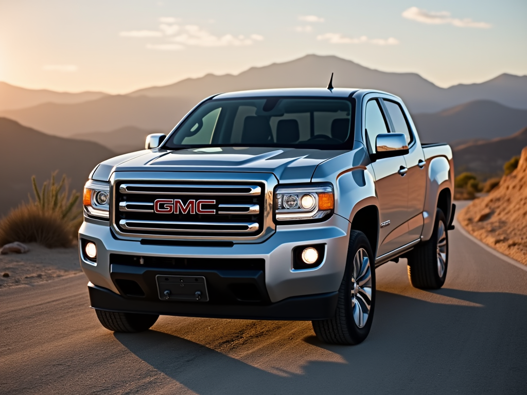 A silver GMC truck driving along a scenic road in California at sunset, showcasing its bold design and rugged performance.