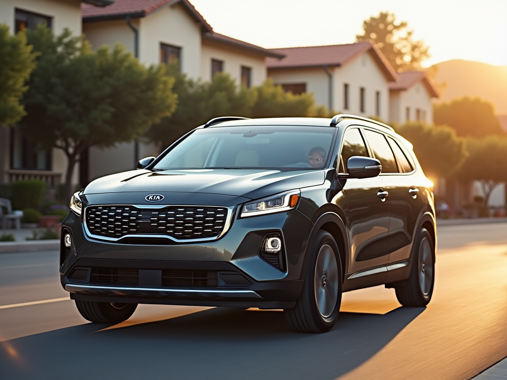 Black KIA SUV driving on a suburban street in California during sunset with residential homes in the background.