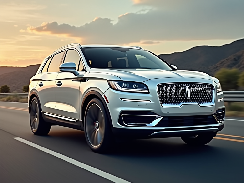 A sleek silver Lincoln SUV driving on a scenic California highway at sunset, illustrating luxury and performance.