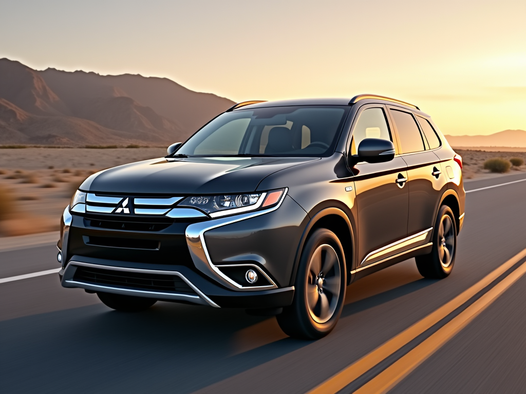 Black Mitsubishi SUV driving on a desert road at sunset with mountains in the background in California.