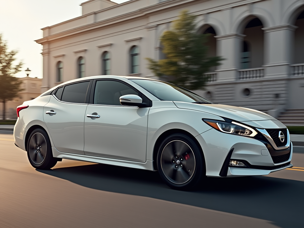 White Nissan sedan driving past a historic building in California during the daytime.