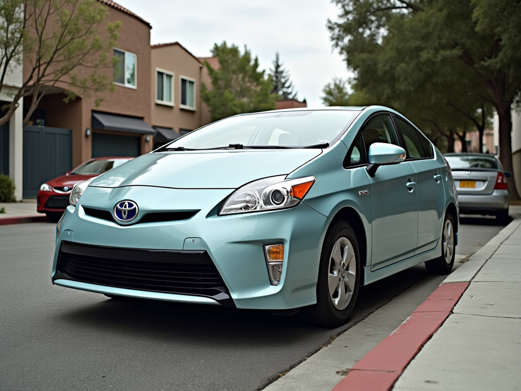 Light blue Toyota Prius parked on a quiet residential street in front of modern homes.