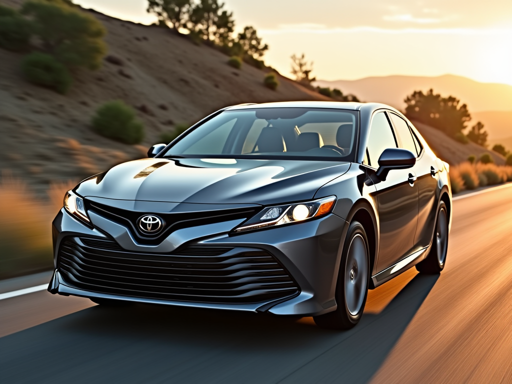 Front view of a black Toyota Camry driving on a California highway at sunset.