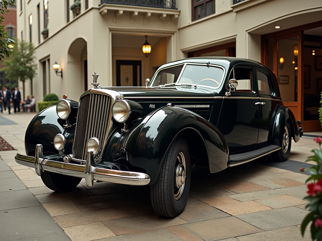 A classic vintage Lincoln car parked in front of a luxury building, showcasing timeless American automotive craftsmanship.