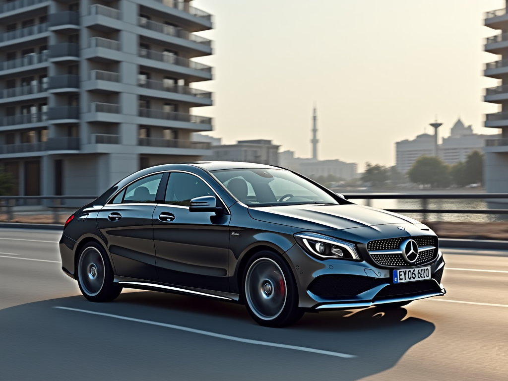 Black Mercedes-Benz CLA class driving on a city road with modern buildings in the background during the daytime.