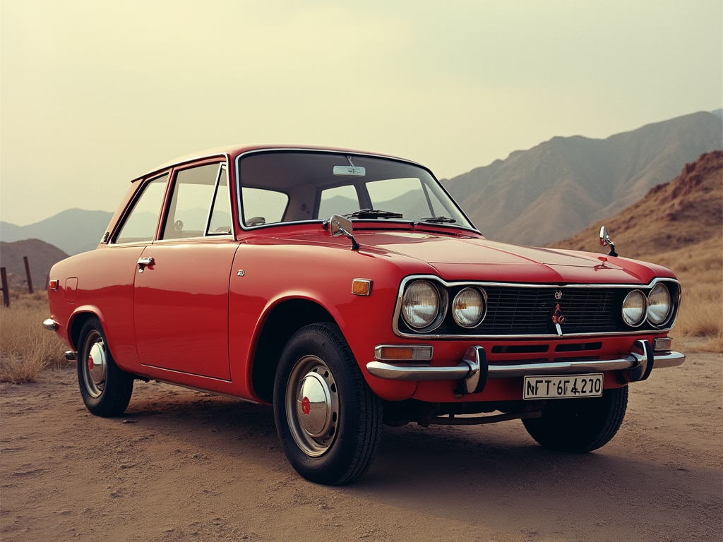 Vintage red Mitsubishi classic car parked in a desert setting with mountains in the background, representing Mitsubishi's automotive heritage.