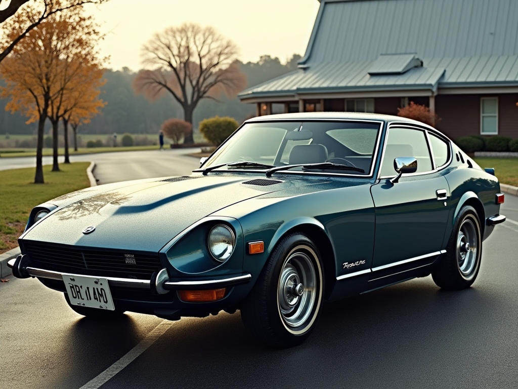 A classic green Nissan 240Z sports car parked on a suburban street, showcasing Nissan's rich automotive legacy.