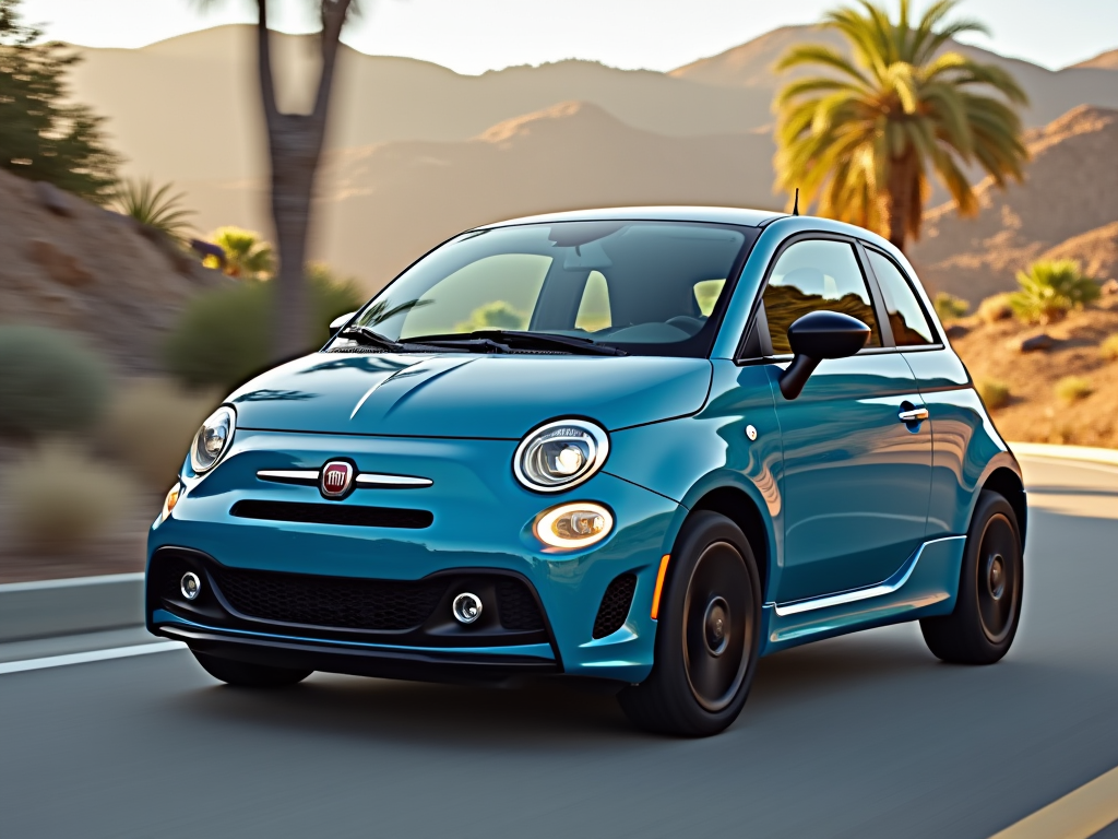 Blue Fiat 500 driving on a desert highway with palm trees and mountains in the background.