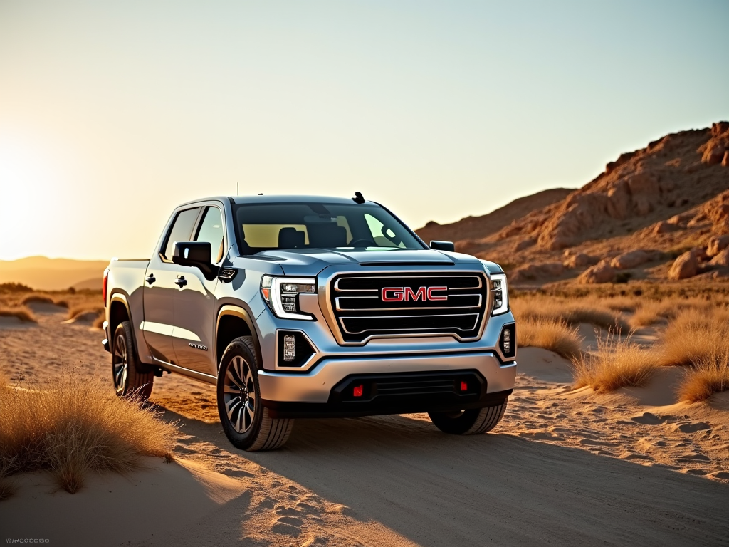 A silver GMC pickup truck parked in a desert landscape at sunset, showcasing its bold design and rugged capabilities.