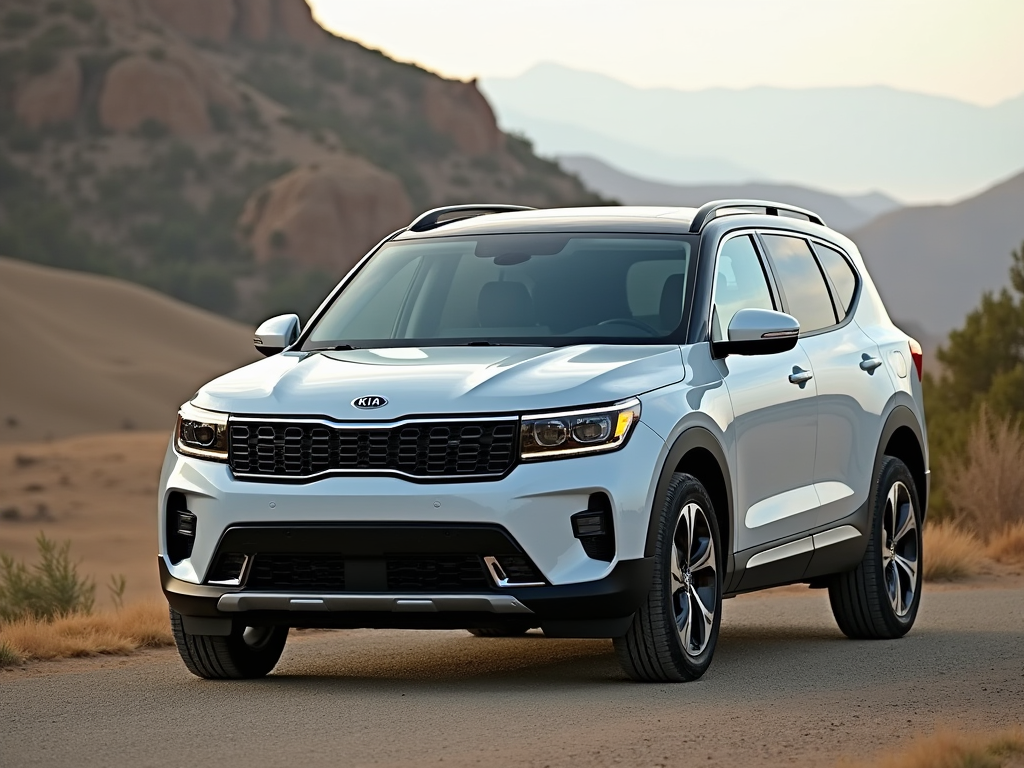 White KIA SUV parked on a desert road with rocky hills and mountains in the background during sunset.