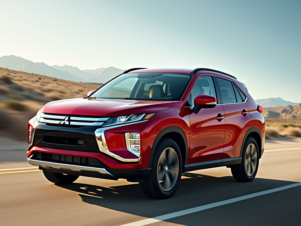 Red Mitsubishi SUV driving through a desert landscape with mountains in the background under a clear sky in California.