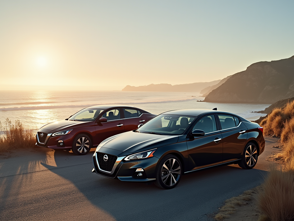 Two Nissan sedans, one red and one black, parked along a coastal road at sunset in California.