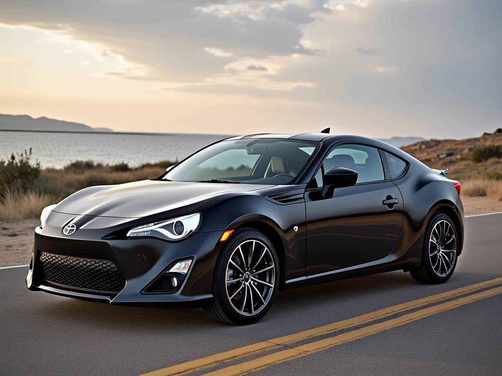 Black Scion FR-S parked on a desert highway near the coast at sunset, highlighting its sleek profile and modern design.