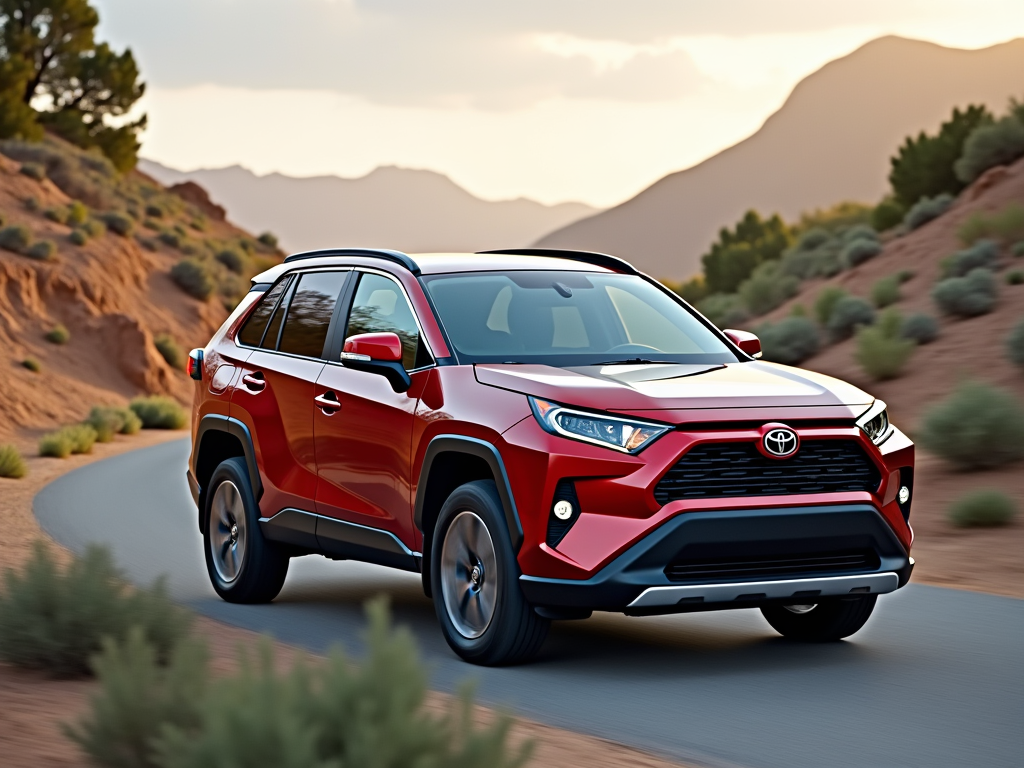 Red Toyota RAV4 driving on a desert road with scenic mountains in the background.