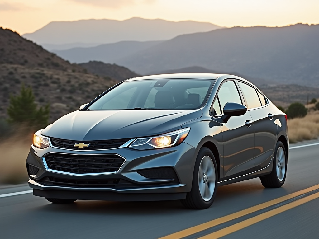 A gray Chevrolet Cruze driving on a winding road through a mountainous landscape at sunset.