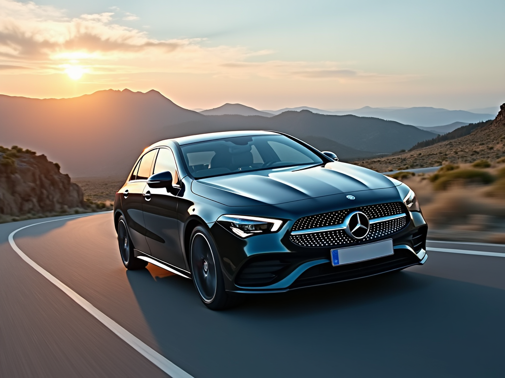 Black Mercedes-Benz CLA class driving on a winding mountain road at sunset.