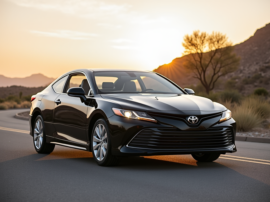 Black Toyota Camry Solara parked on a desert road at sunset, ready for sale