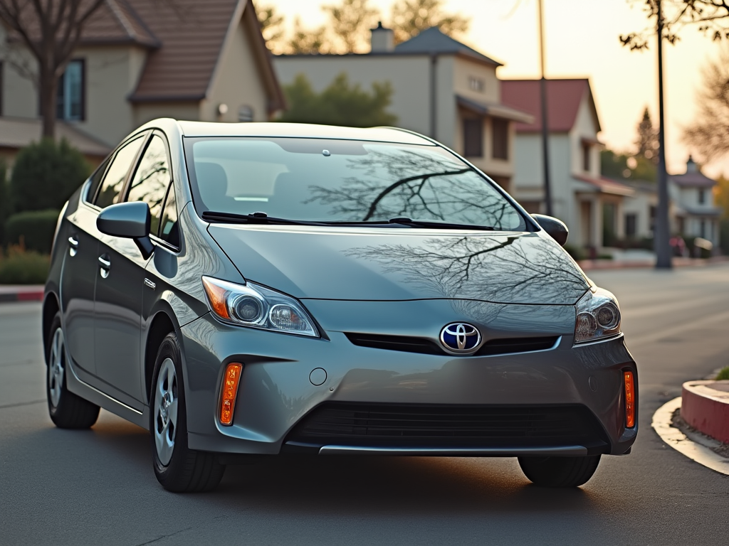 Gray Toyota Prius parked on a quiet suburban street at sunset, with warm light reflecting off its sleek body.