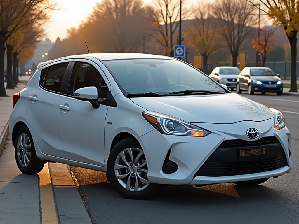 White Toyota Yaris parked on a city street during sunset, with trees and cars in the background.