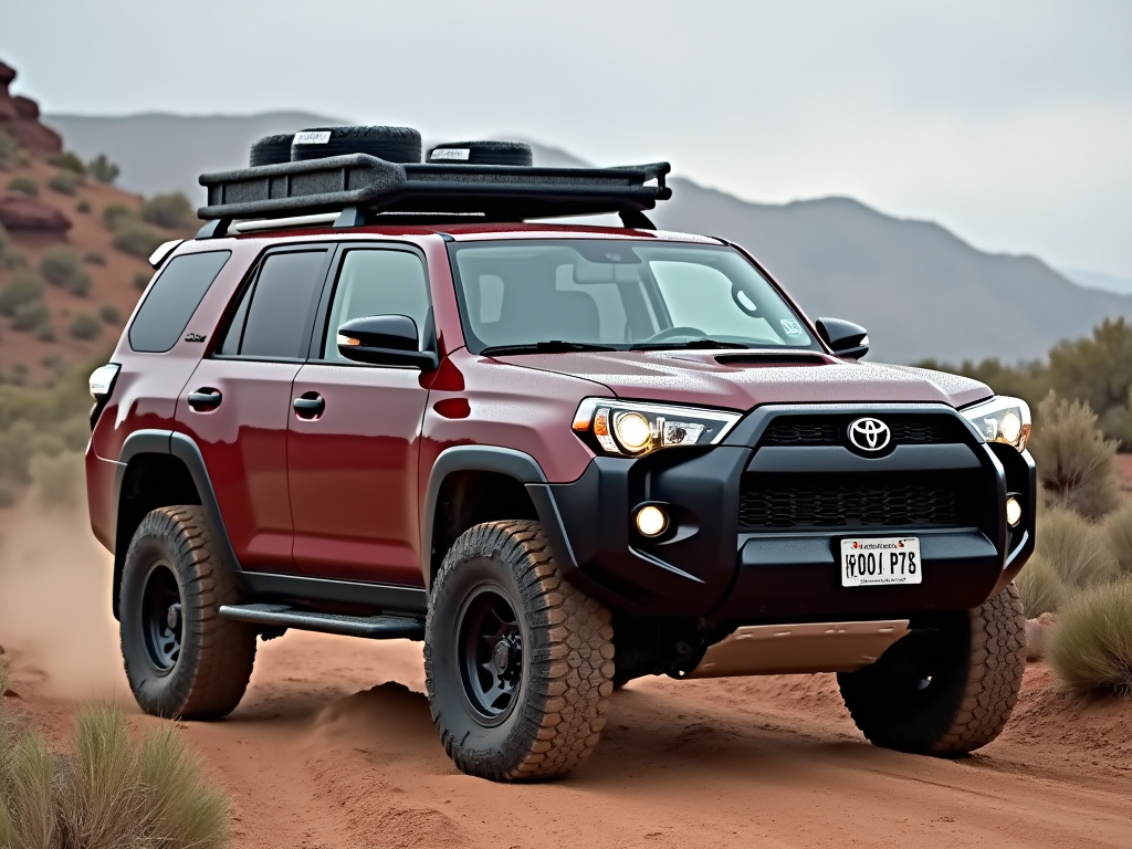 Red Toyota 4Runner equipped with off-road tires and a roof rack driving on a dusty trail in a desert landscape.