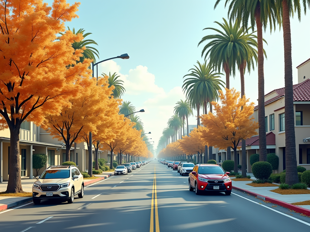 A tree-lined street in Glendale, California, with autumn-colored foliage and parked cars on a clear day.
