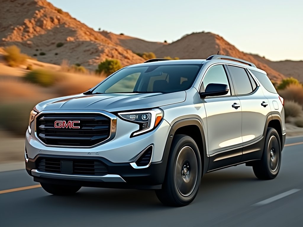 A white GMC SUV driving on a desert road in California, highlighting its sleek design and performance in the rugged terrain.