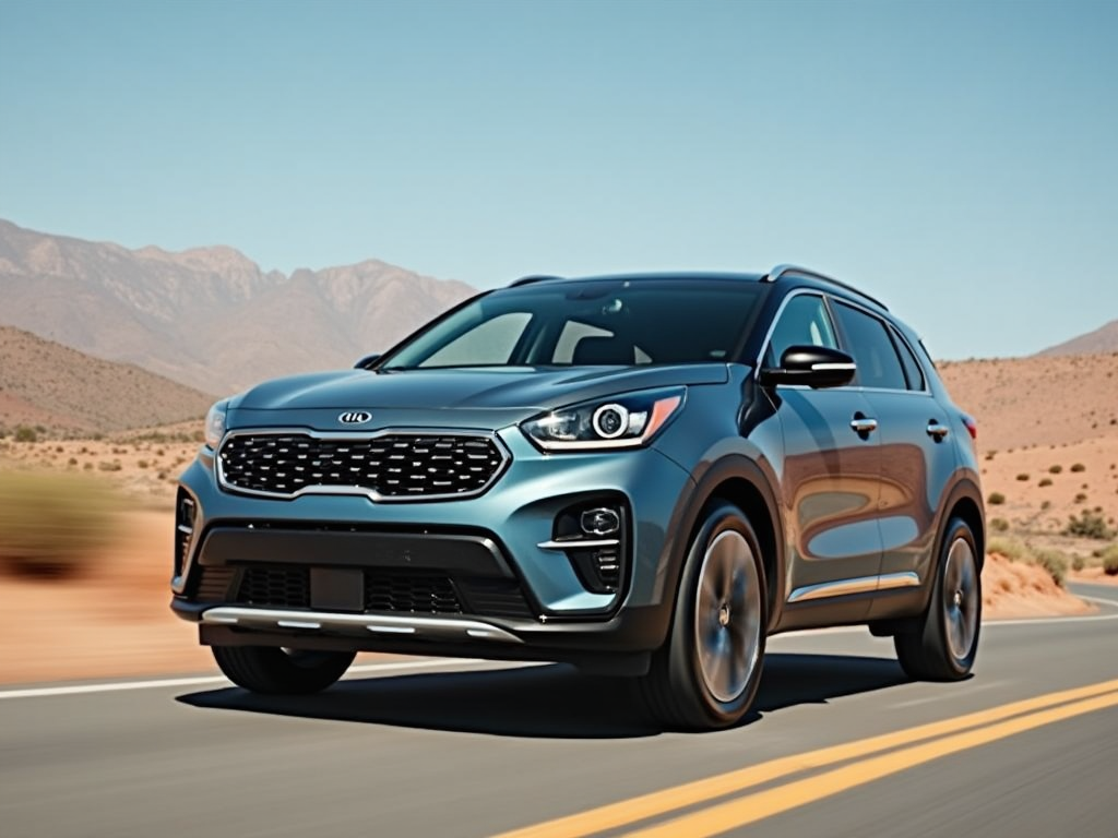 Blue KIA SUV driving on a desert highway with mountains in the background on a sunny day.