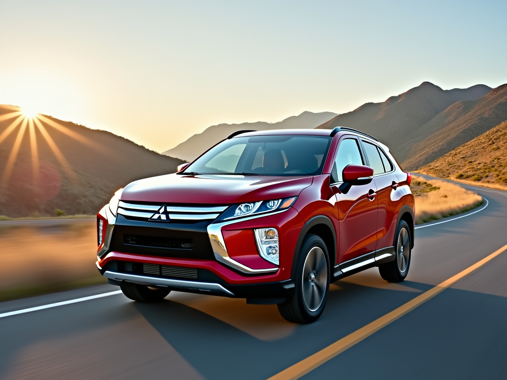 Red Mitsubishi SUV driving on a winding road with mountainous landscape and sunrise in the background in California.