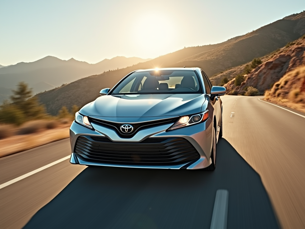 Front view of a silver Toyota Camry driving on a sunny California mountain road.