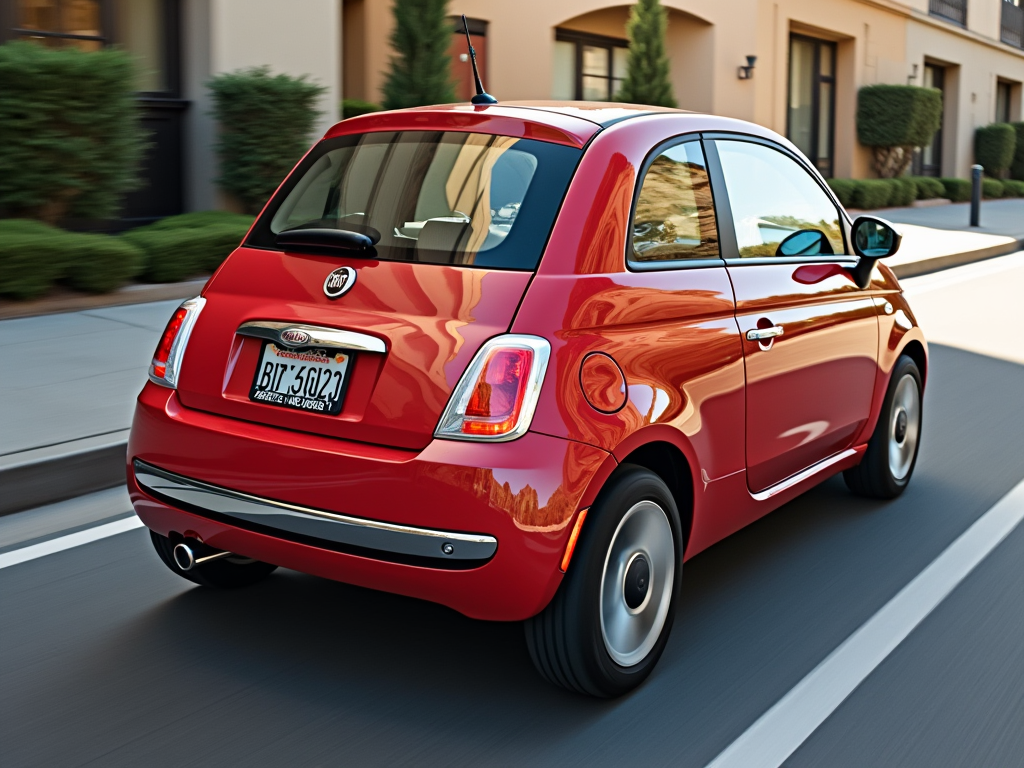 Rear view of a red Fiat 500 driving on a suburban street in California.